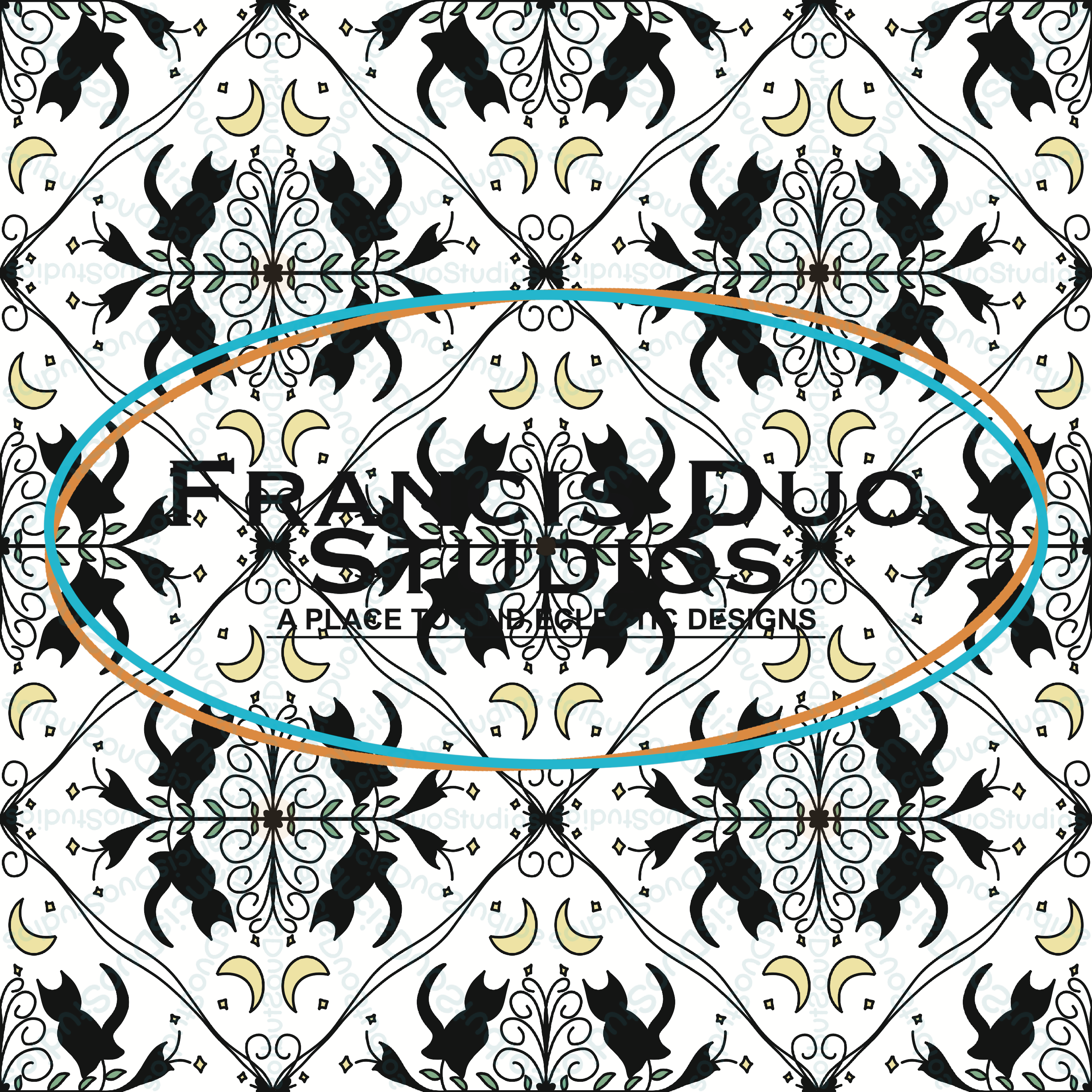 Black Cats Flowers and Crescent Moons over White Background|PNG|Instant Download|Repeat Pattern|Seamless Design|Digital Clipart|Hand Drawn