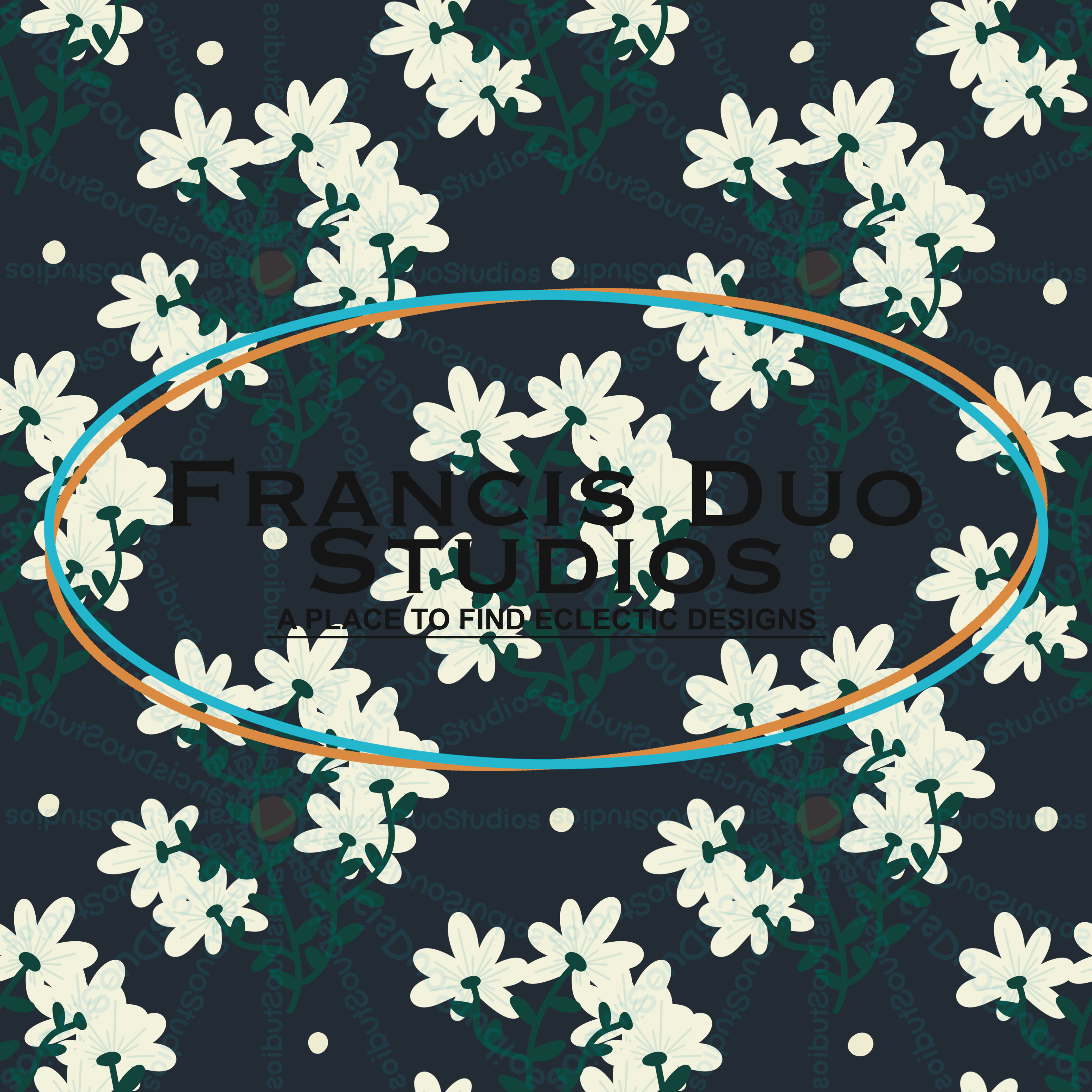 Off-white Flowers Vintage Black Navy Blue Background|PNG|Instant Download|Repeat Pattern|Seamless Design|Digital Clipart|Hand Drawn